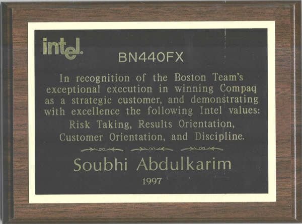BN440FX plaque recognising the Boston team for winning Compaq as a strategic customer, 1997