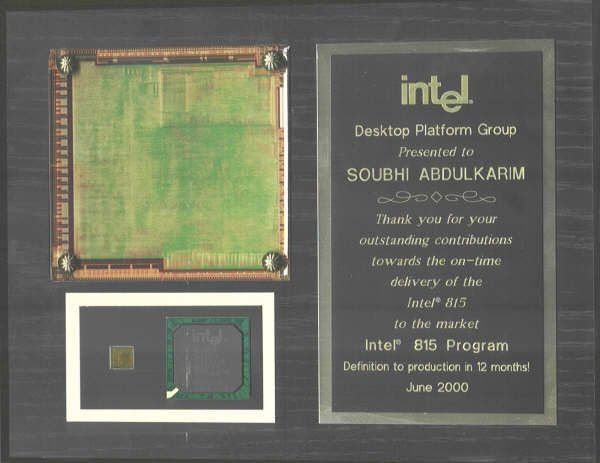 Intel 815 Program plaque with mounted chipset, June 2000, for on-time delivery to market