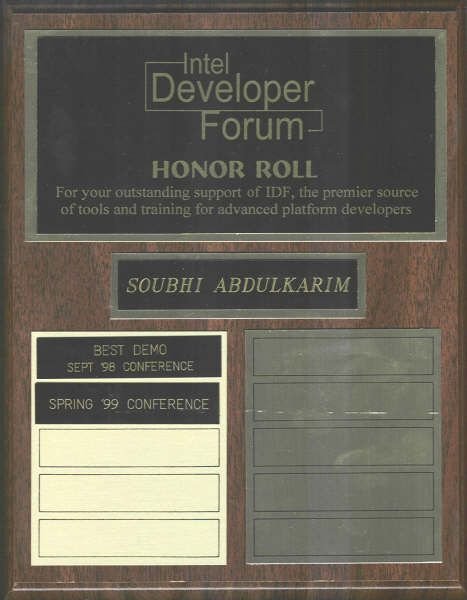 Intel Developer Forum Honor Roll plaque with Best Demo, September 1998 and Spring 1999 conference plates